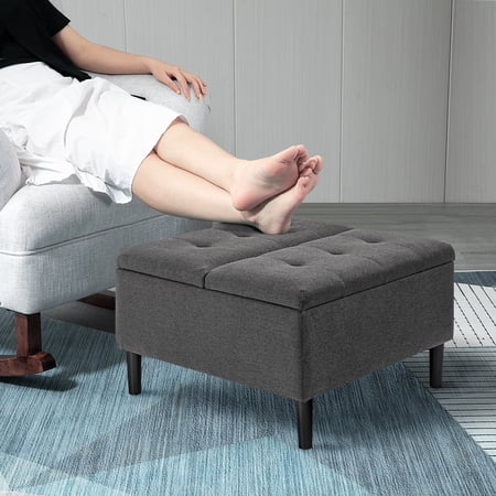 HOMCOM 30" Square Storage Ottoman, Upholstered Ottoman Coffee Table with Lift Top, Button Tufted and Wood Legs, Accent Footstool for Living Room, Dark Gray