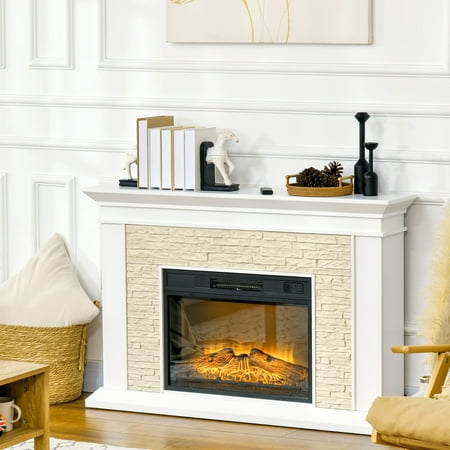 HOMCOM 31.5" Electric Fireplace with Mantel Remote 12H Timer 1400W, White Fake Faux Fireplace Heater