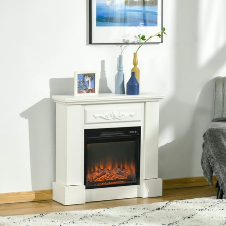 HOMCOM 32" Electric Fireplace with Mantel, Freestanding Heater with LED Log Flame, Overheat Protection and Remote Control, 1400W, White