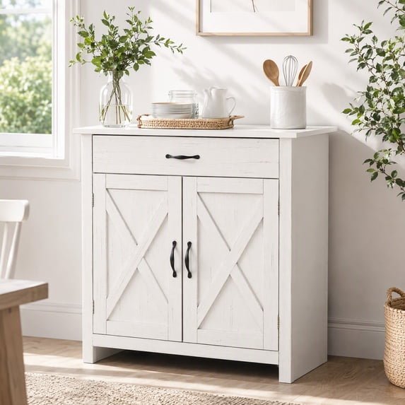 HOMCOM 32" Farmhouse Barn Door Style Sideboard, Buffet Cabinet, Coffee Bar for Kitchen, Living Room or Entryway, White Wash