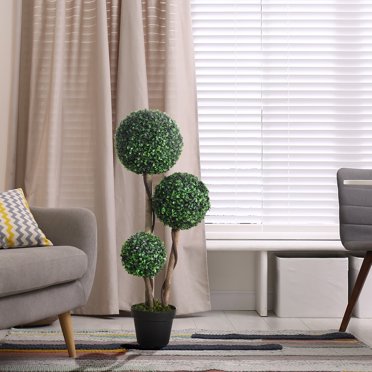 HOMCOM 35.5" Artificial Plant for Home Decor Indoor & Outdoor Fake Plant Artificial Tree in Pot, Ball Boxwood Topiary Tree, Dark Green