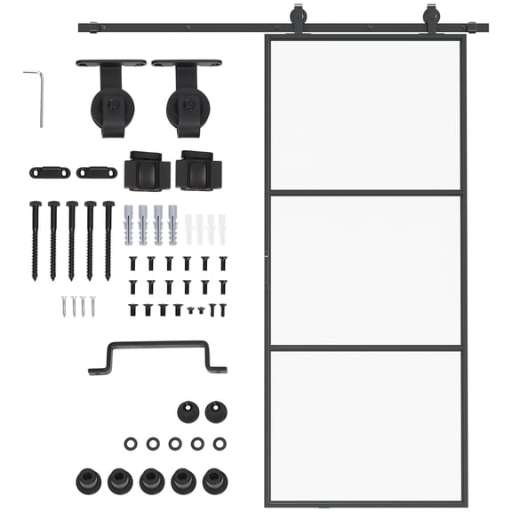 HOMCOM 36" x 84" Sliding Door with Hardware Kit, Handle, & Track, Industrial Frosted Tempered Glass Door with Carbon Steel, Easy Installation