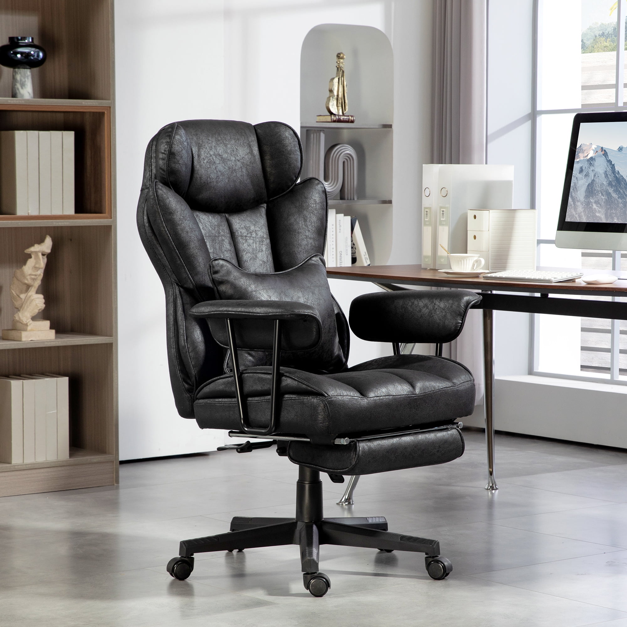 Black Faux Leather High Back Swivel Executive Chair with Footrest