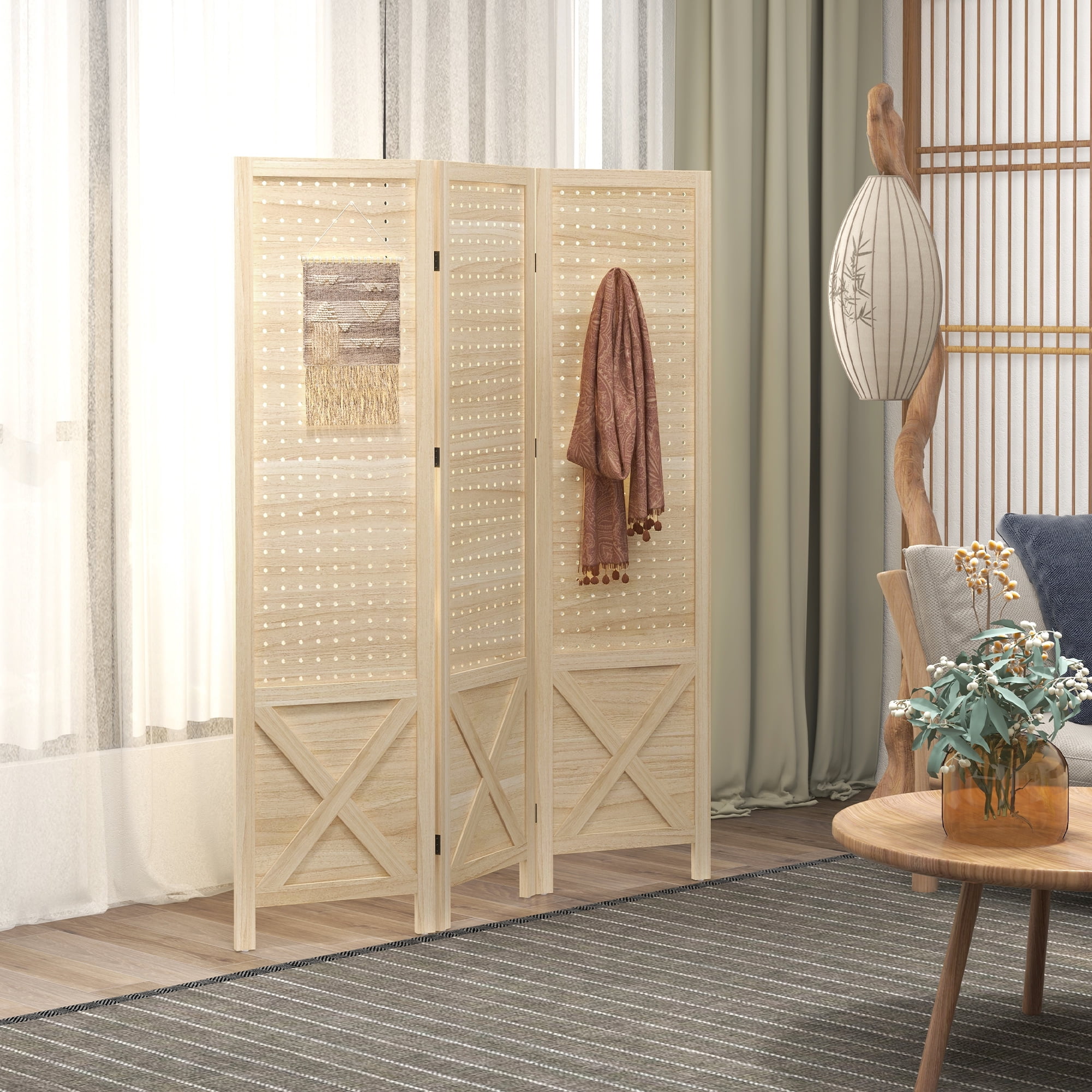 Natural Wood Folding 3-Panel Room Divider with Pegboard Display