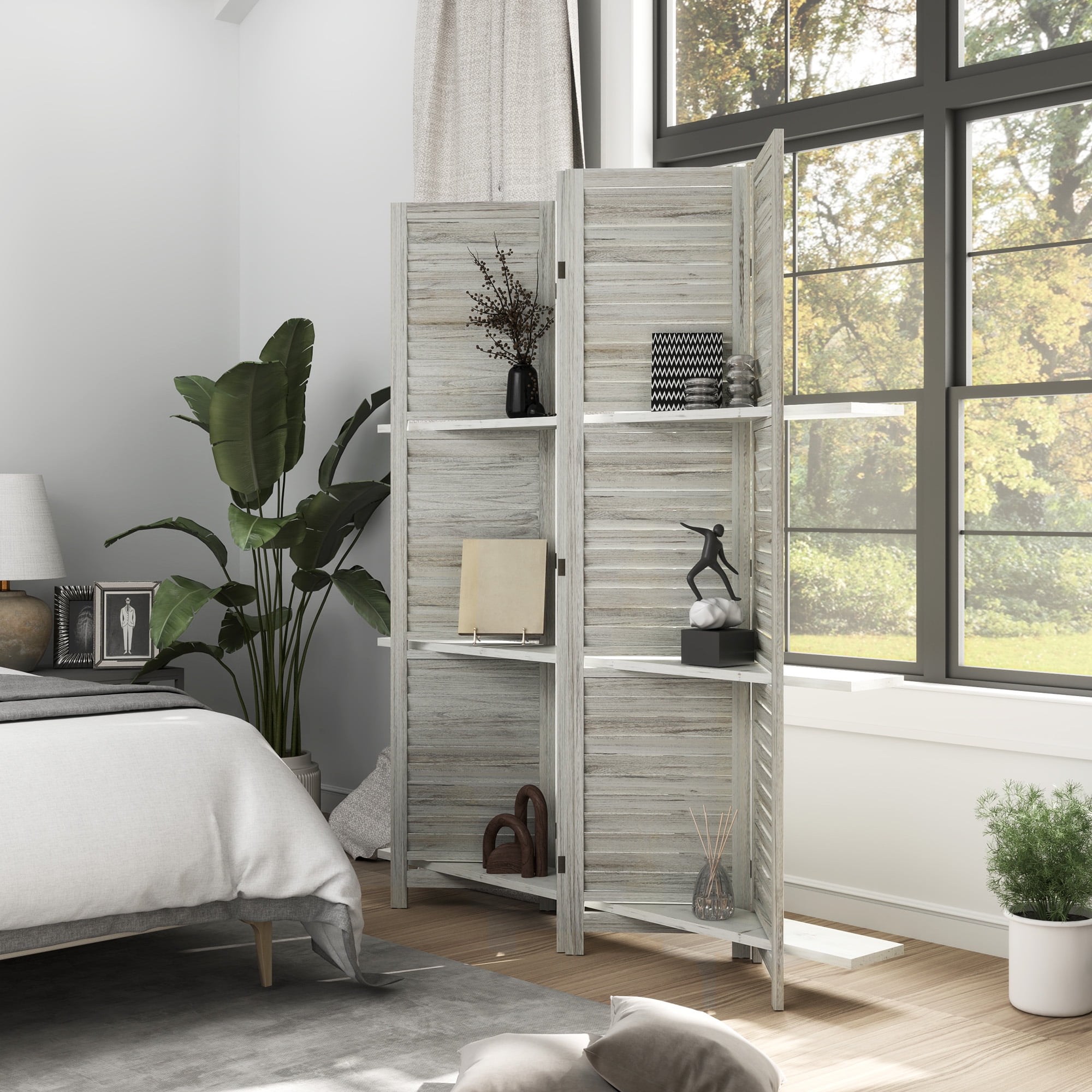 HOMCOM 4 Panel 67" Tall Wood Privacy Screen Room Divider with 3 Display Shelves, and Folding Storage for Bedroom or Home Office, Distressed White