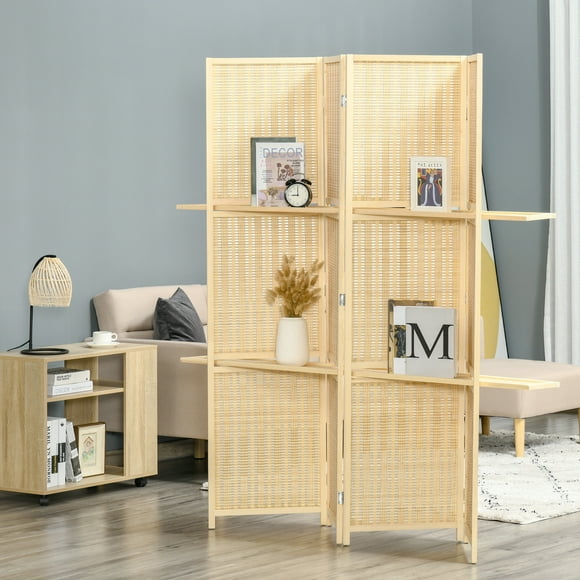 HOMCOM 4-Panel Folding Room Divider, 6 Ft Freestanding Bamboo Privacy Screen Panel with Storage Shelves for Bedroom or Office, Natural Wood Color