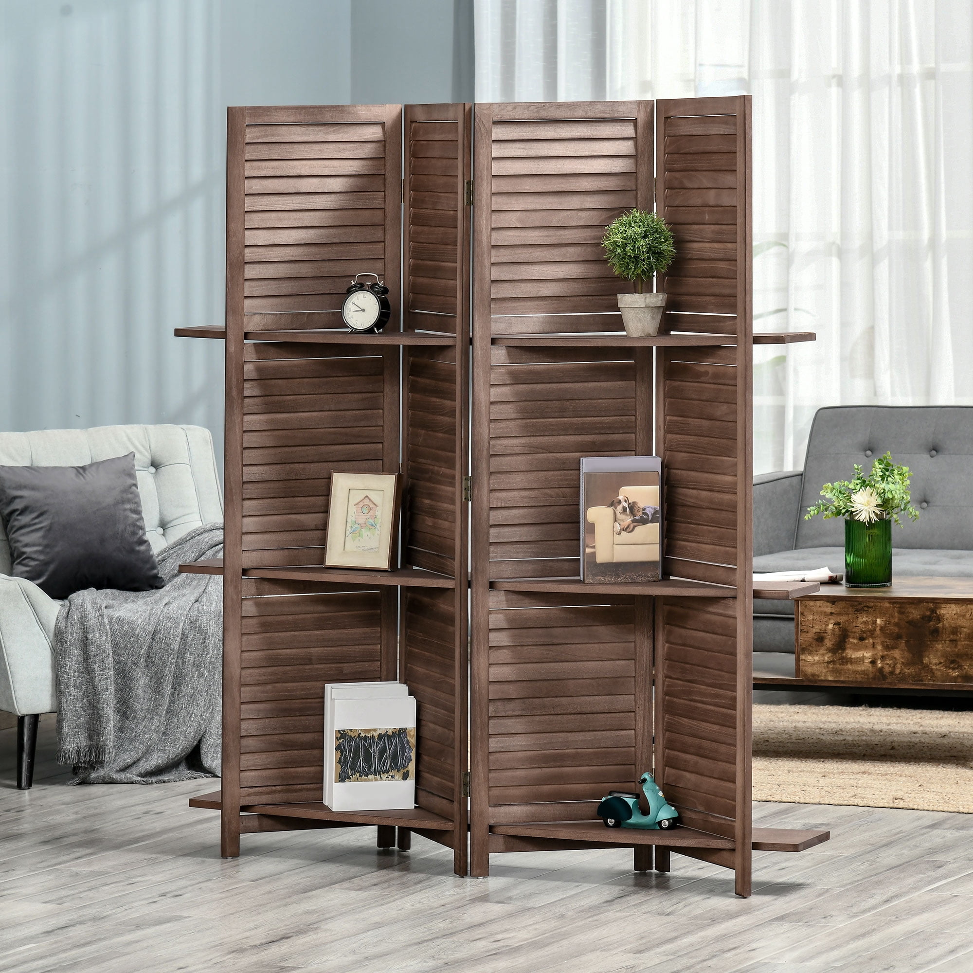 Dark Wood 4-Panel Folding Room Divider with Shelves
