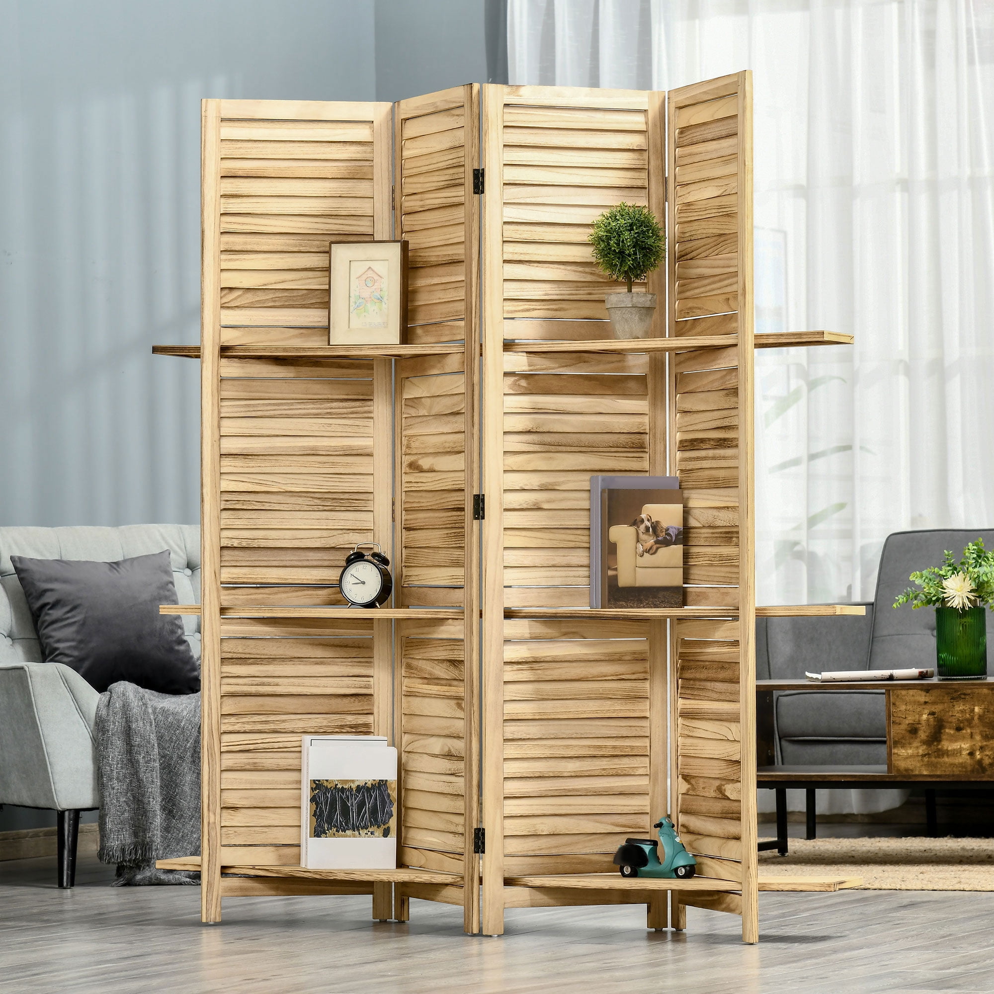 Natural Light Wood 4-Panel Folding Room Divider with Shelves