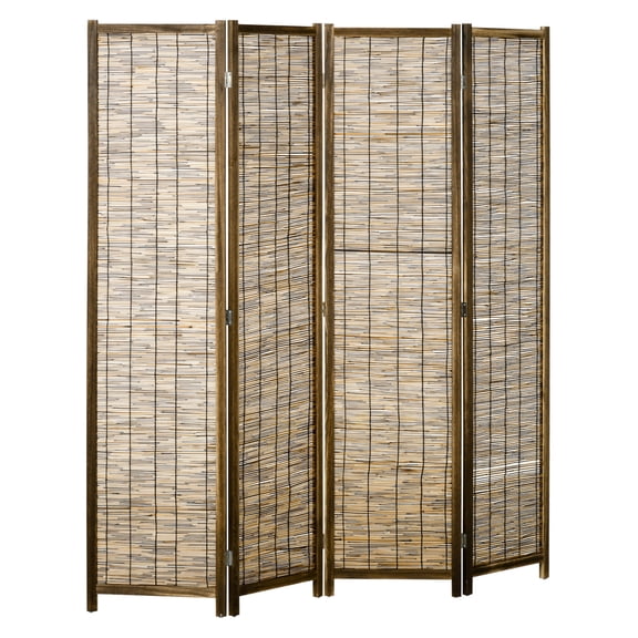 HOMCOM 4 Panel Room Divider, 5.5 Ft Portable Folding Privacy Screens, Reed Hand-Woven Freestanding Partition Wall Dividers for Home Office, Carbonized