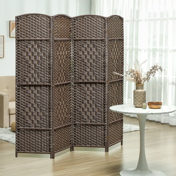 HOMCOM 4 Panel Room Divider, 6' Tall Folding Privacy Screen, Hand-Woven Freestanding Wood Partition for Home Office, Bedroom, Brown