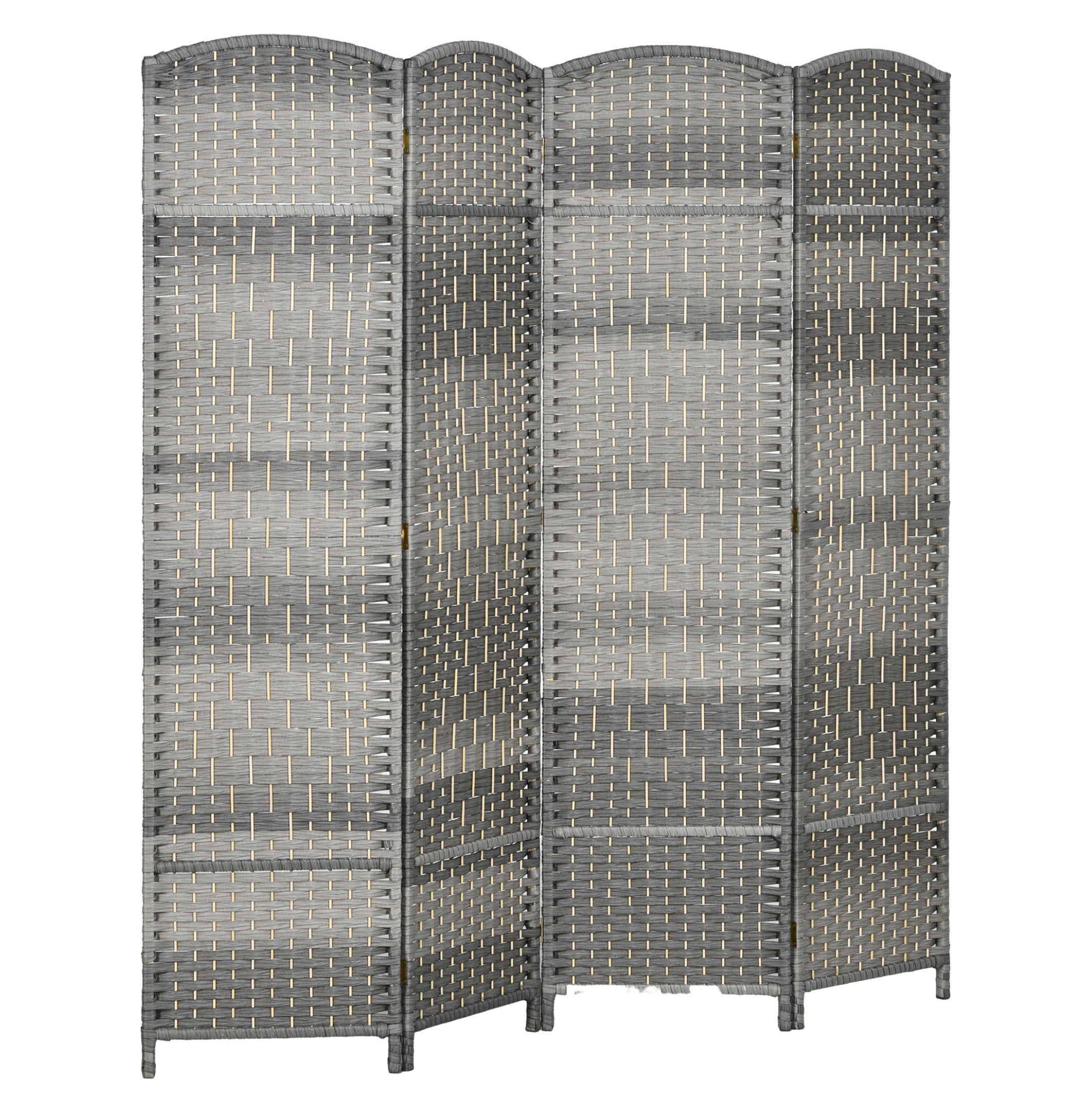 HOMCOM 4 Panel Room Divider, 6' Tall Folding Privacy Screen, Hand-Woven Freestanding Wood Partition for Home Office, Bedroom, Mixed Gray