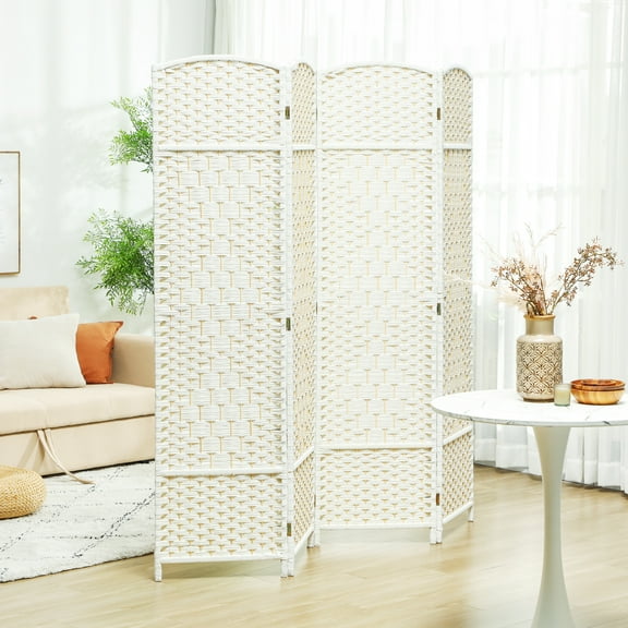HOMCOM 4 Panel Room Divider, 6' Tall Folding Privacy Screen, Hand-Woven Freestanding Wood Partition for Home Office, Bedroom, White