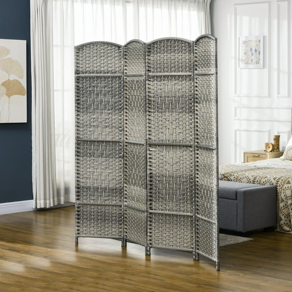 HOMCOM 4 Panel Room Divider Hand-Woven Freestanding Partition, Mixed Gray