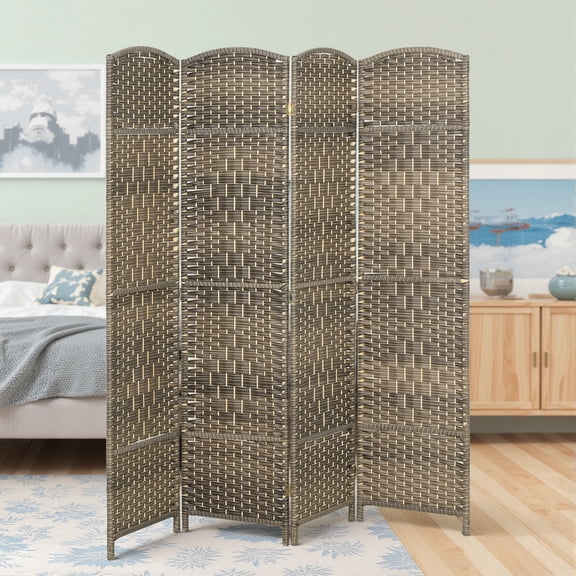 HOMCOM 4 Panel Room Divider, 6' Tall Folding Privacy Screen, Woven Freestanding Wood Partition for Home Office, Bedroom, Dark Rustic Oak