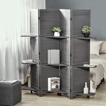 HOMCOM 4 Panel Wood Privacy Screen Room Divider with 3 Shelves 67" Grey