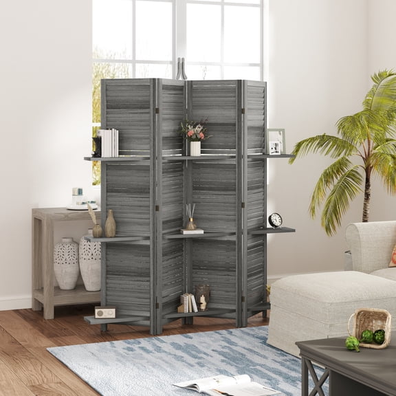 HOMCOM 4 Panel 67" Tall Wood Privacy Screen Room Divider with 3 Display Shelves, and Folding Storage for Bedroom or Home Office, Gray