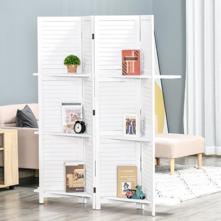 HOMCOM 4 Panel Wood Privacy Screen Room Divider with 3 Shelves 67" White