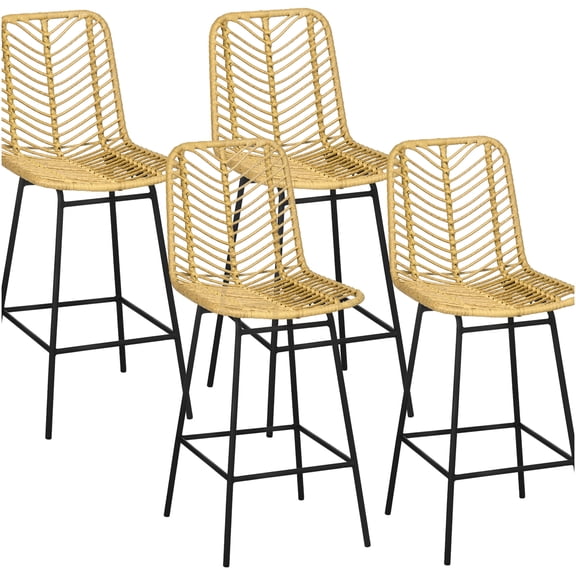 HOMCOM 4-Piece Yellow Rattan Bar Stools Set, Boho Counter Height Stools with Woven Back and Seat, Steel Frame Kitchen Island Seating