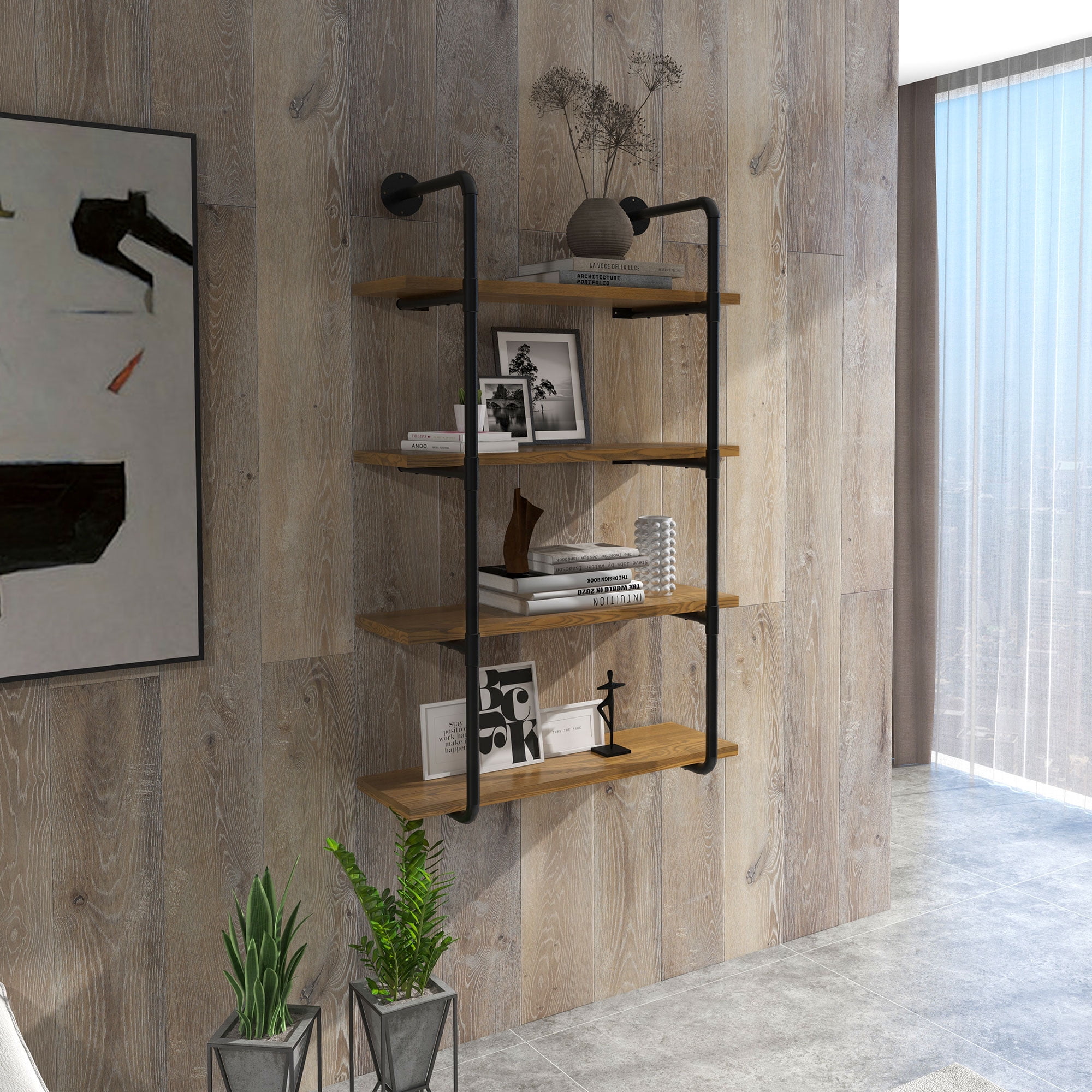 HOMCOM 4 Tier Industrial Pipe Shelves Floating Wall Mounted Bookshelf Metal Frame Display Rack 1.25 Thickness Shelving Unit for Farmhouse Kitchen