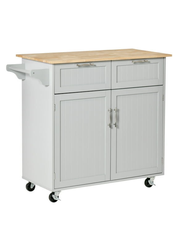 HOMCOM 41" Modern Rolling Kitchen Island, Utility Cart with Rubberwood Top & Drawers, Gray