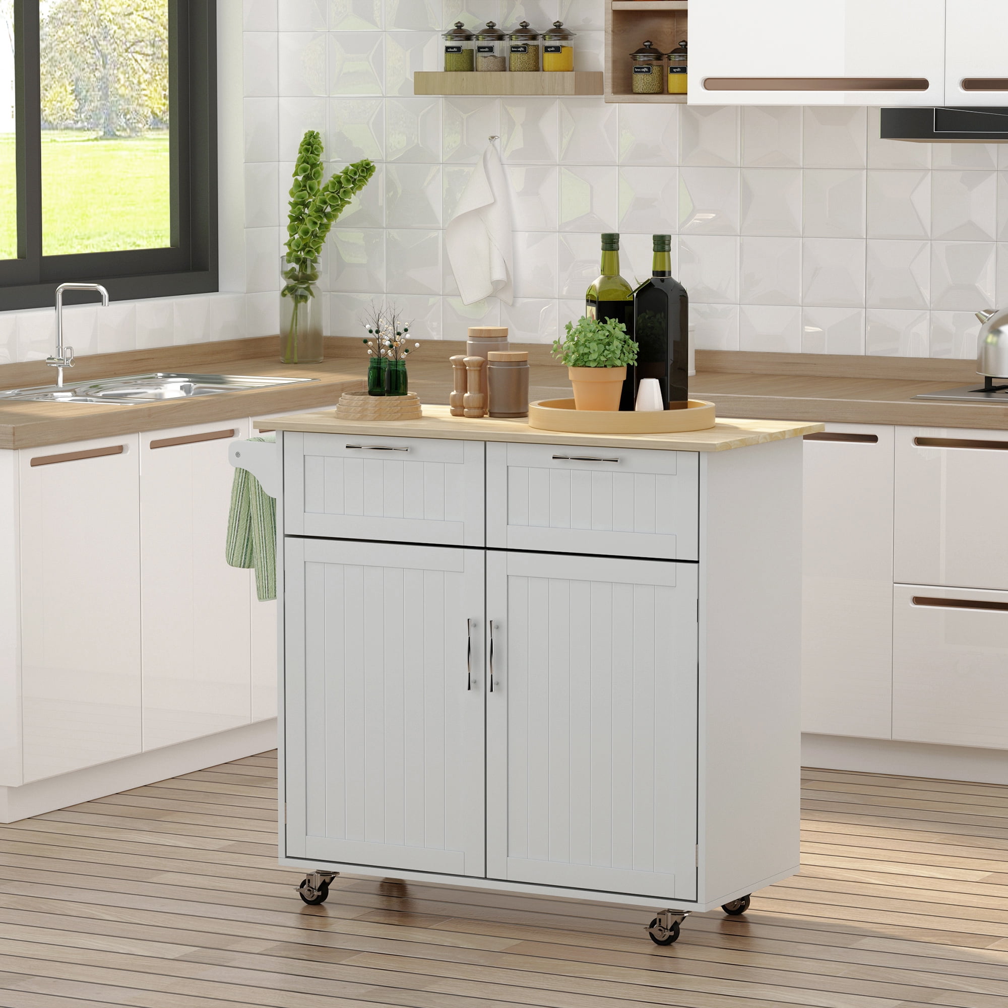 Modern White Rubberwood Kitchen Cart with Adjustable Shelves