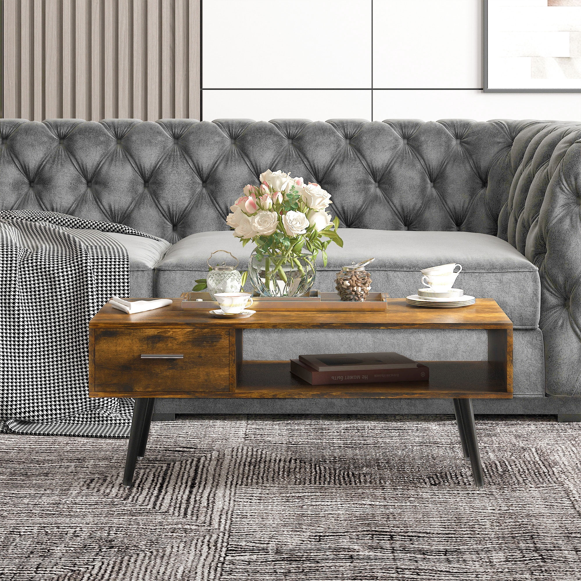 Mid-Century Modern Coffee Table, Furniture for Living Room with Open Storage Shelf, Rustic Brown
