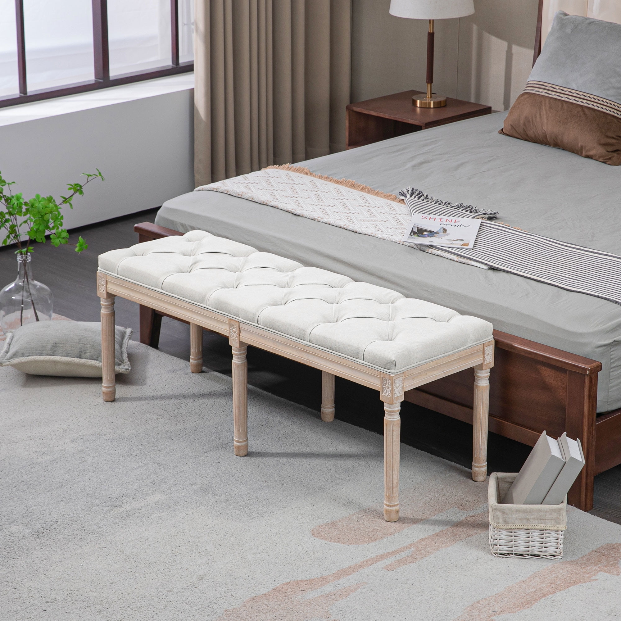 Cream Linen Upholstered Tufted Bedroom Bench with Wood Legs