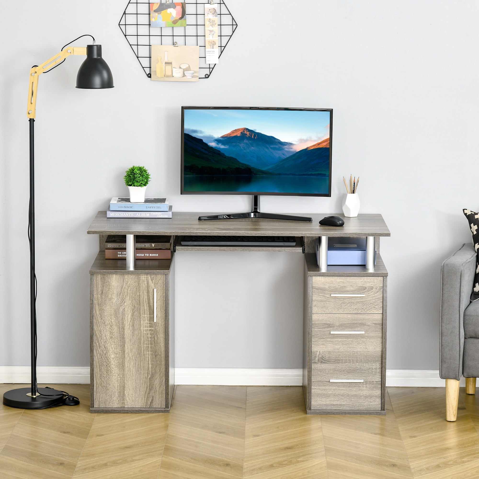 HOMCOM 47 Computer Desk with Keyboard Tray and Storage Drawers Home Office Workstation Table with Storage Shelves Grey Wood Grain