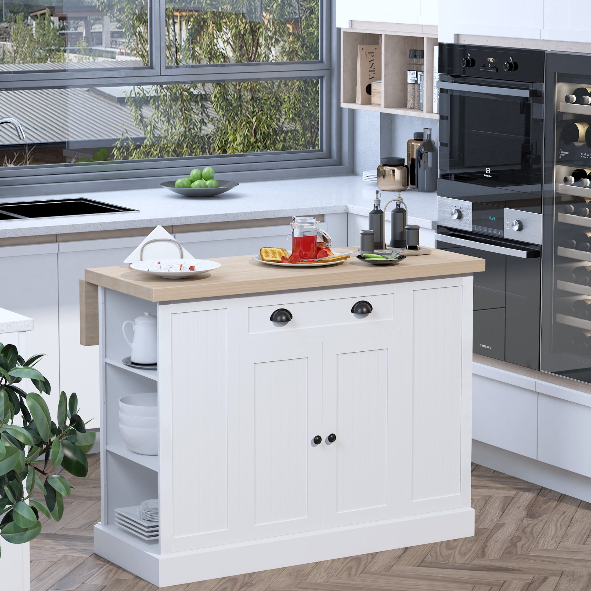 HOMCOM 47" Fluted-Style Wooden Kitchen Island, Kitchen Countertop Storage Cabinet with Drop Leaf, Drawer, Open Shelves, Storage, White