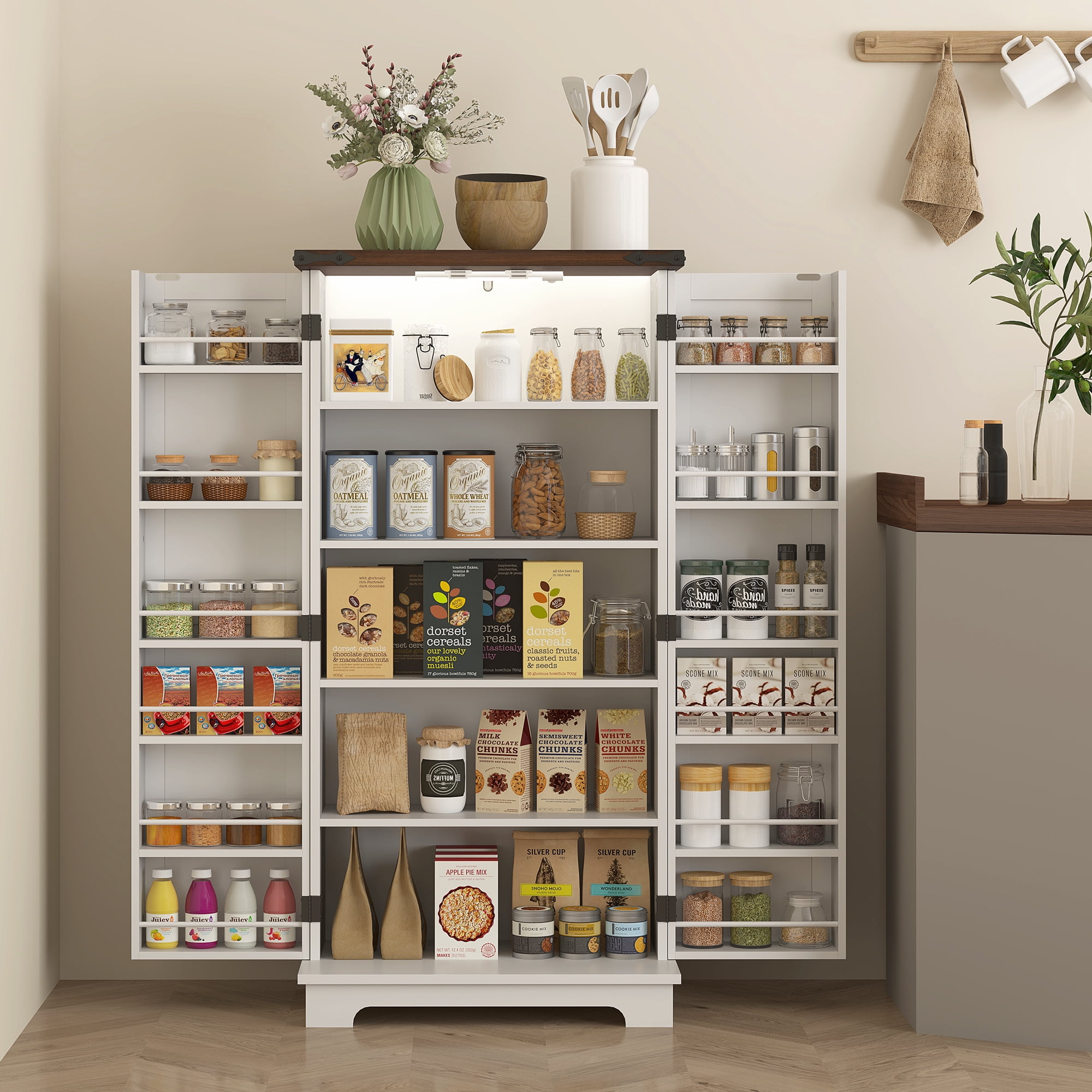 White Farmhouse Kitchen Pantry Cabinet with LED Light and Adjustable Shelves