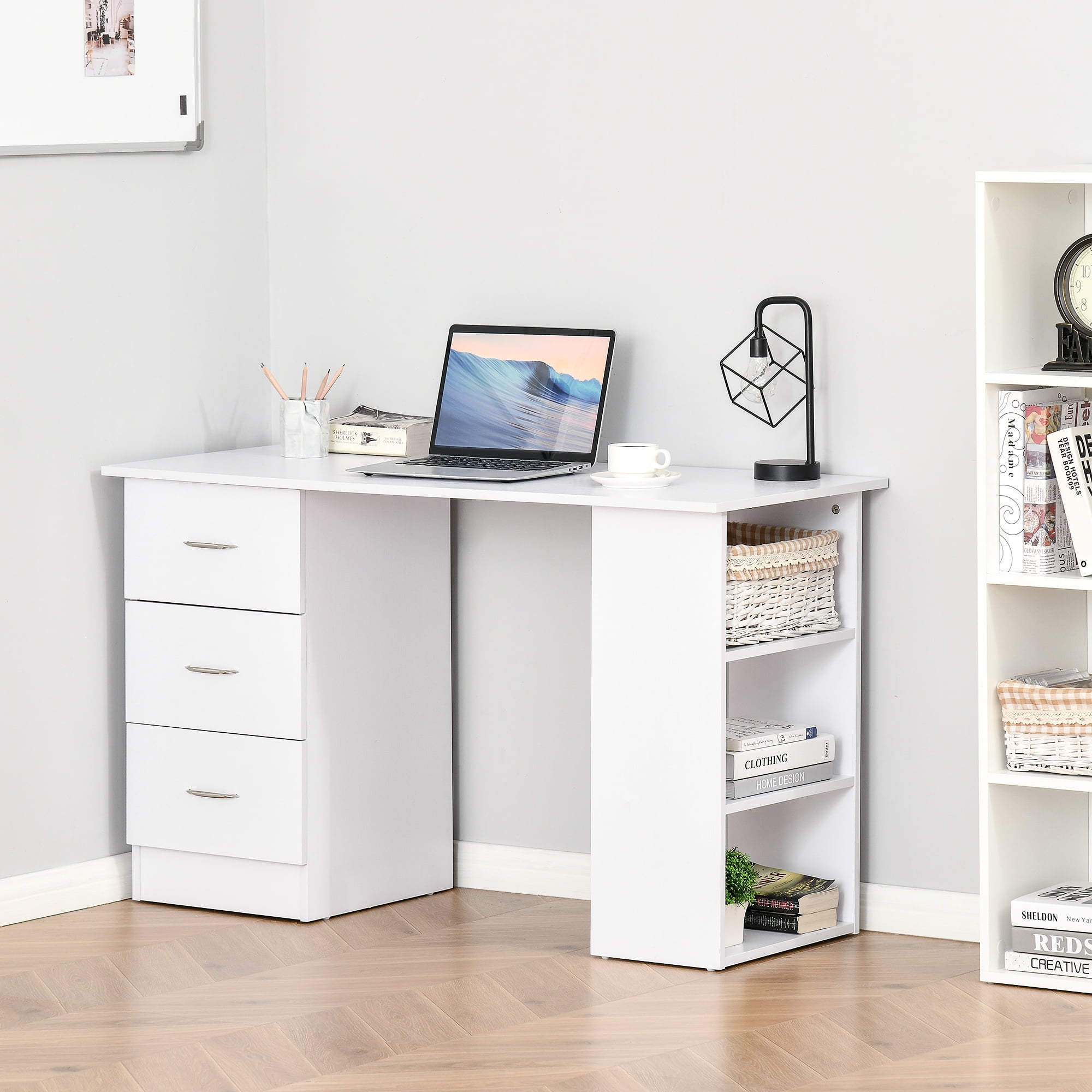 White Modern Writing Desk with Drawers and Shelves