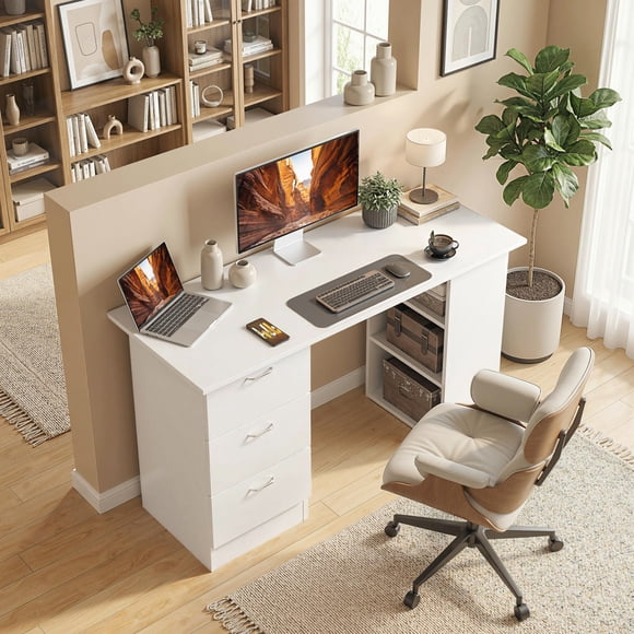 HOMCOM 47.25" Computer Desk with 3 Drawers and 3-Tier Storage Shelves, Reversible Home Office Writing Desk for Bedroom, Study, Apartment, MDF, White