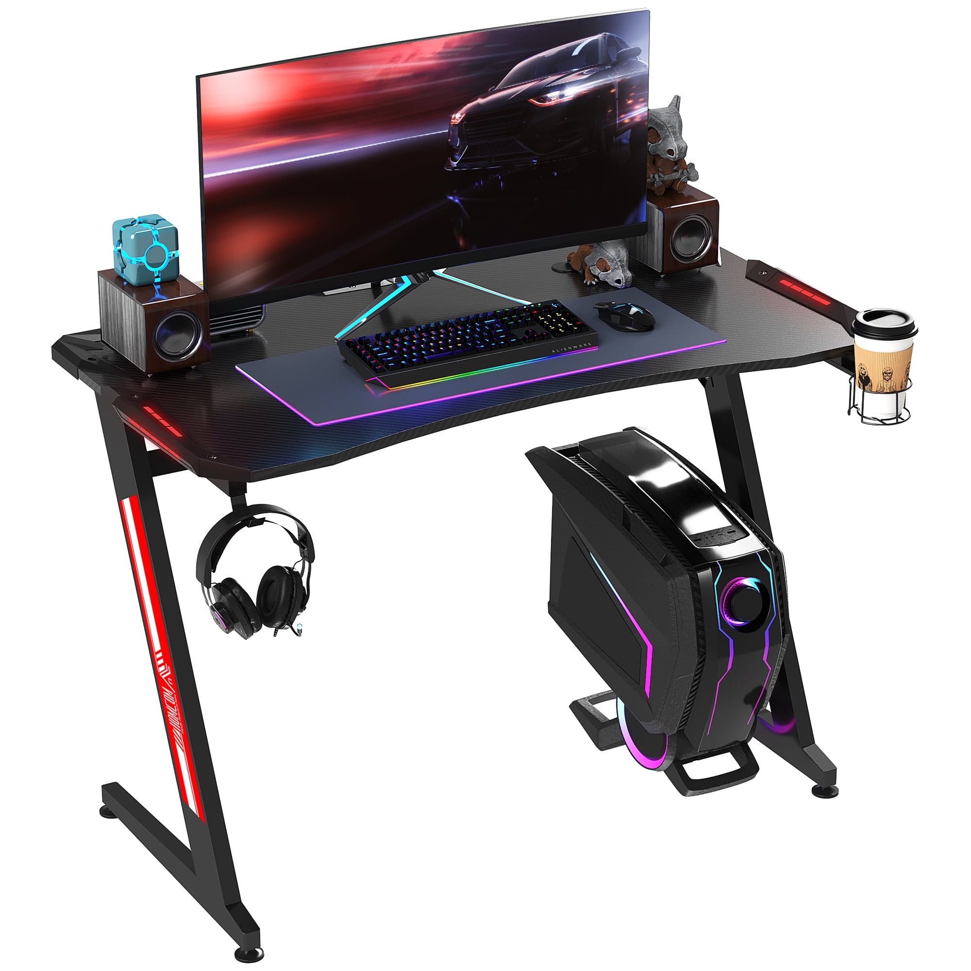 HOMCOM 47 Racing Style Gaming Desk, Z-Shaped Computer Table Workstation  with LED Lights, Swivel Cup Holder, Headphone Hook and Cable Management  Holes for Gamers Home Office, Black 