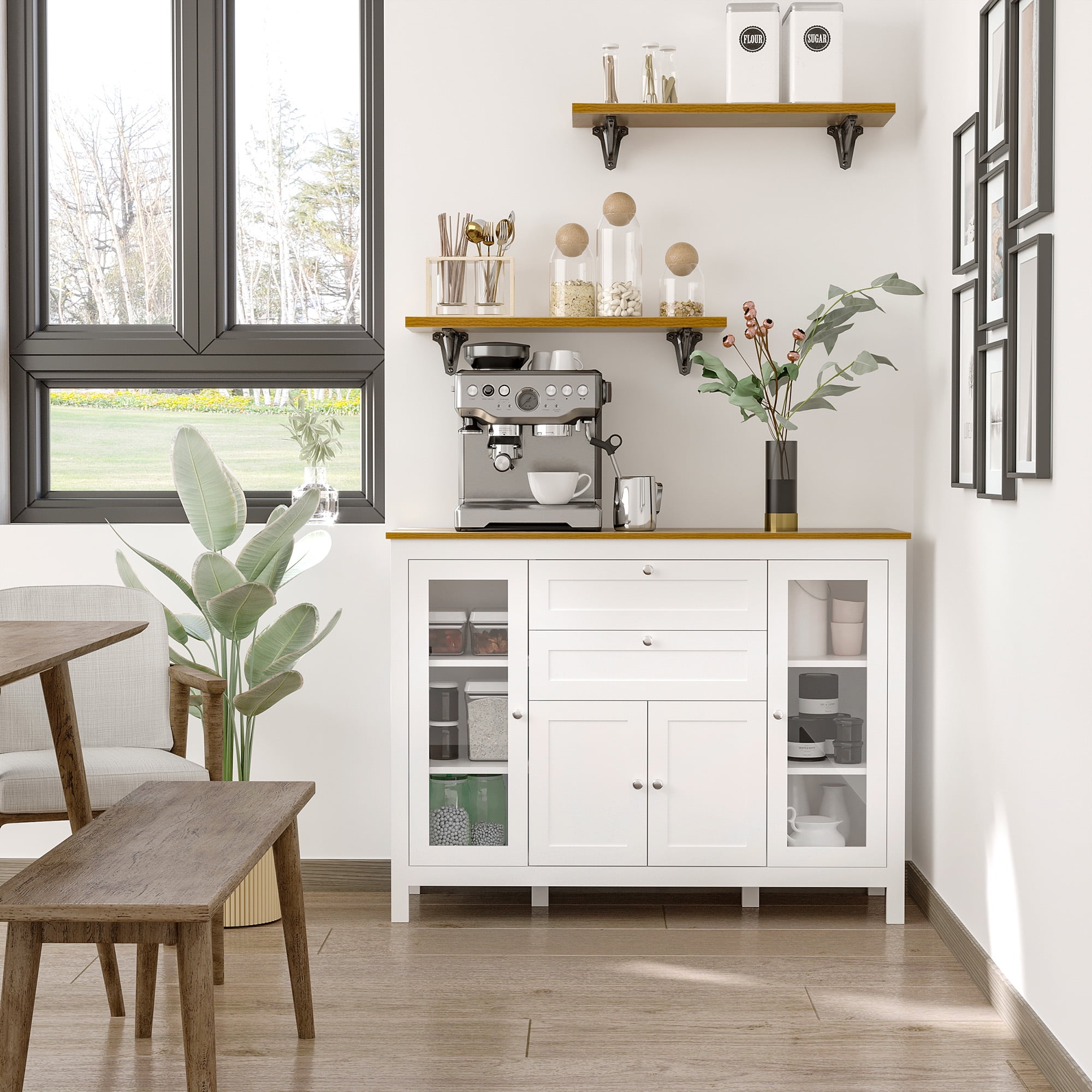 White Rubber Wood Top Sideboard with Glass Doors