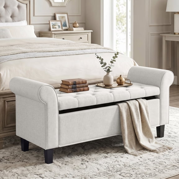 HOMCOM 47" Storage Ottoman Bench, Upholstered Tufted End of Bed Storage Bench with Rolled Arms, Safety Hinge, Wood Legs for Bedroom, Cream White