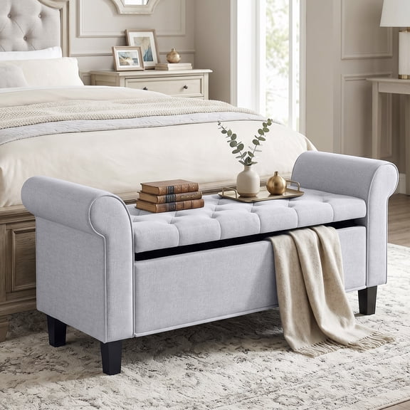 HOMCOM 47" Storage Ottoman Bench, Upholstered Tufted End of Bed Storage Bench with Rolled Arms, Safety Hinge, Wood Legs for Bedroom, Light Gray