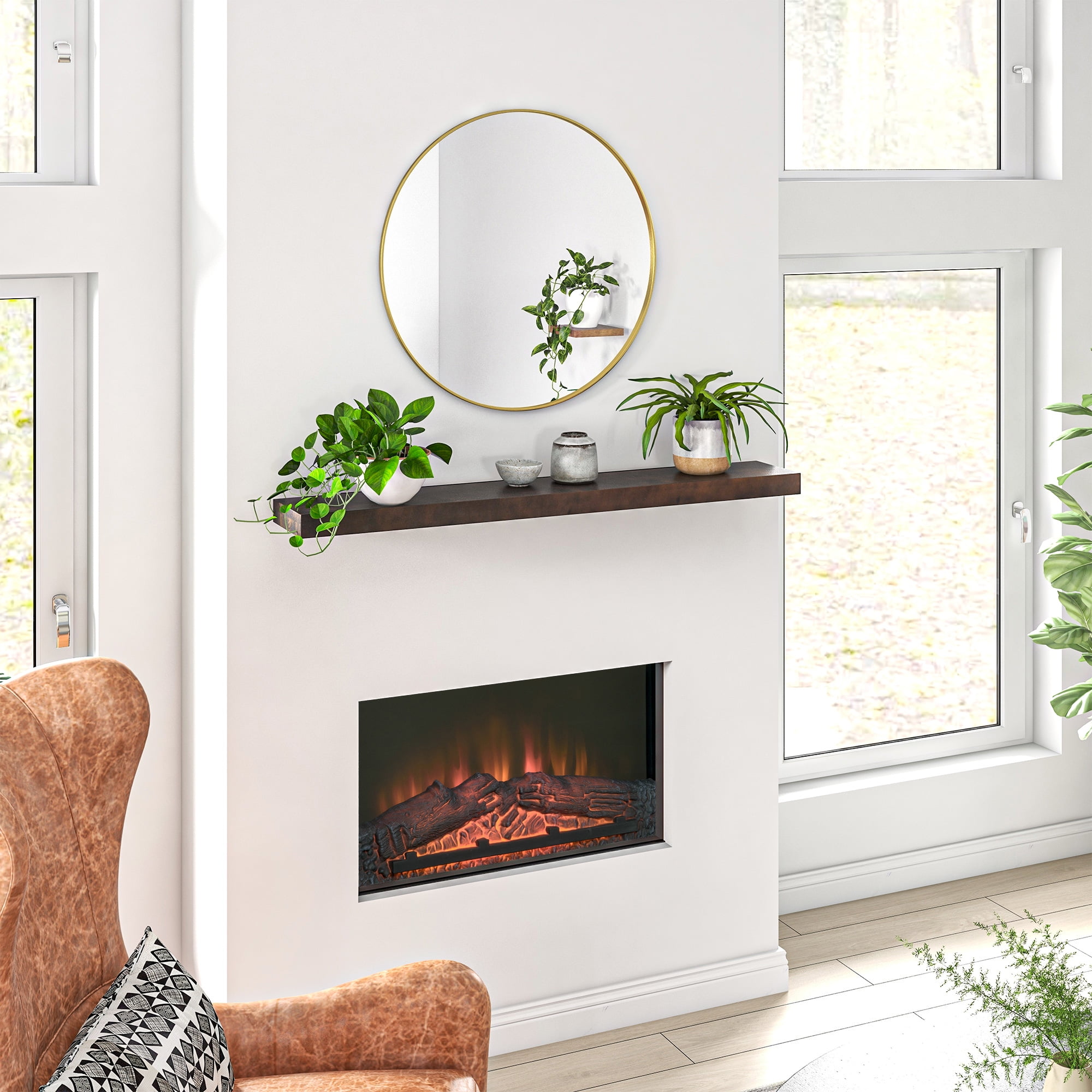 48 Inch Walnut Brown Solid Fir Wood Floating Fireplace Mantel Shelf