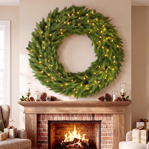 HOMCOM 48 in Pre-Lit Norwegian Spruce Artificial Christmas Wreath, Christmas Decoration with 150 LED Lights, 750 Branch Tips, Green