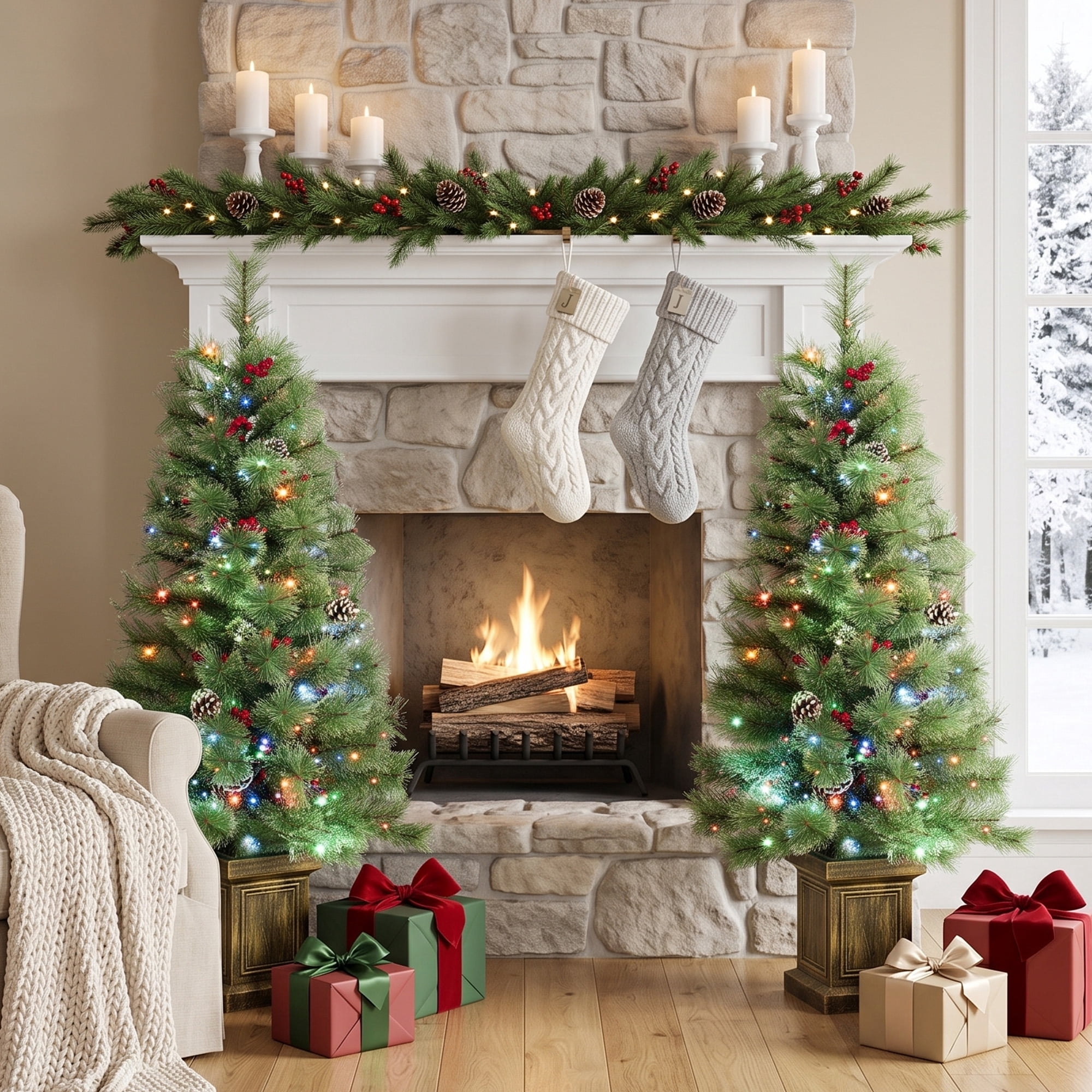 HOMCOM 4ft Pre-Lit Artificial Christmas Tree Set of 2, Dual Colors, Remote, Green