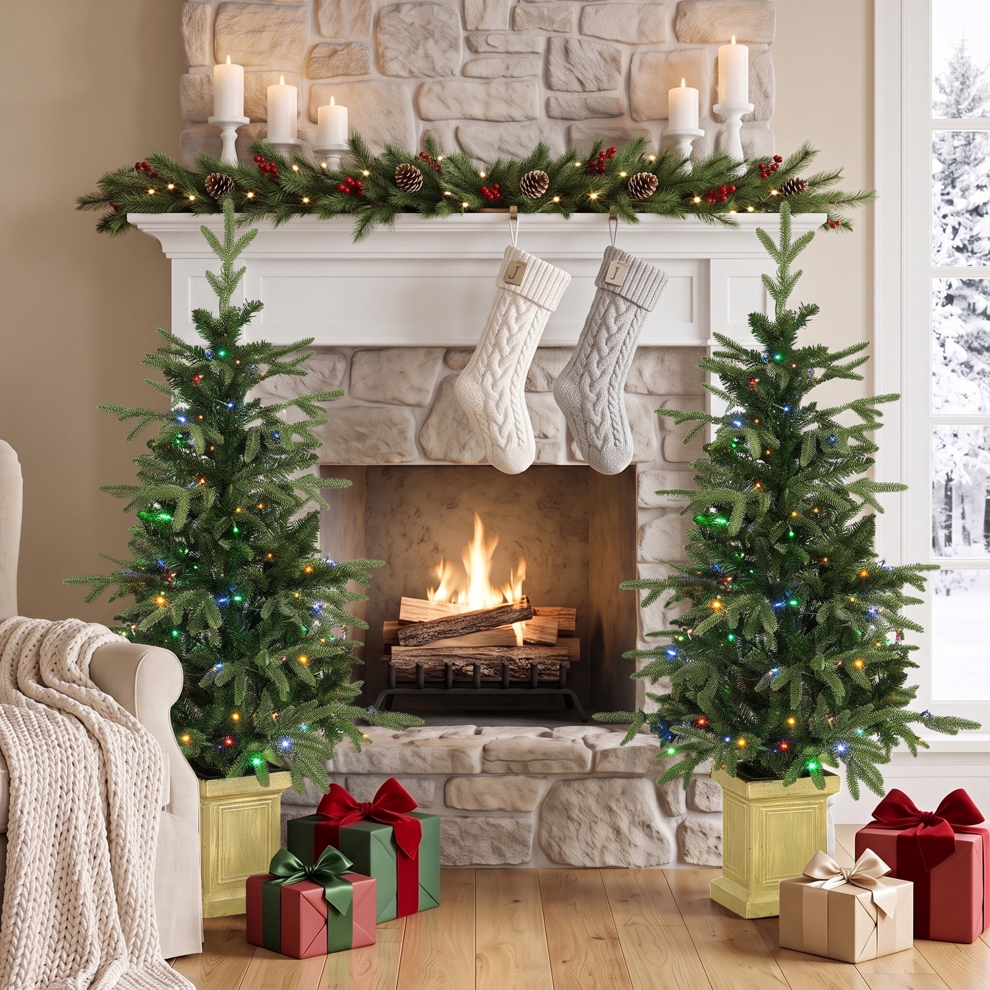 HOMCOM 4ft Prelit Christmas Tree with Dual-Color LEDs, Remote, Set of 2 Aspen Fir, Artificial Xmas Tree, Battery-Operated, 11 Modes, Decorative Pot