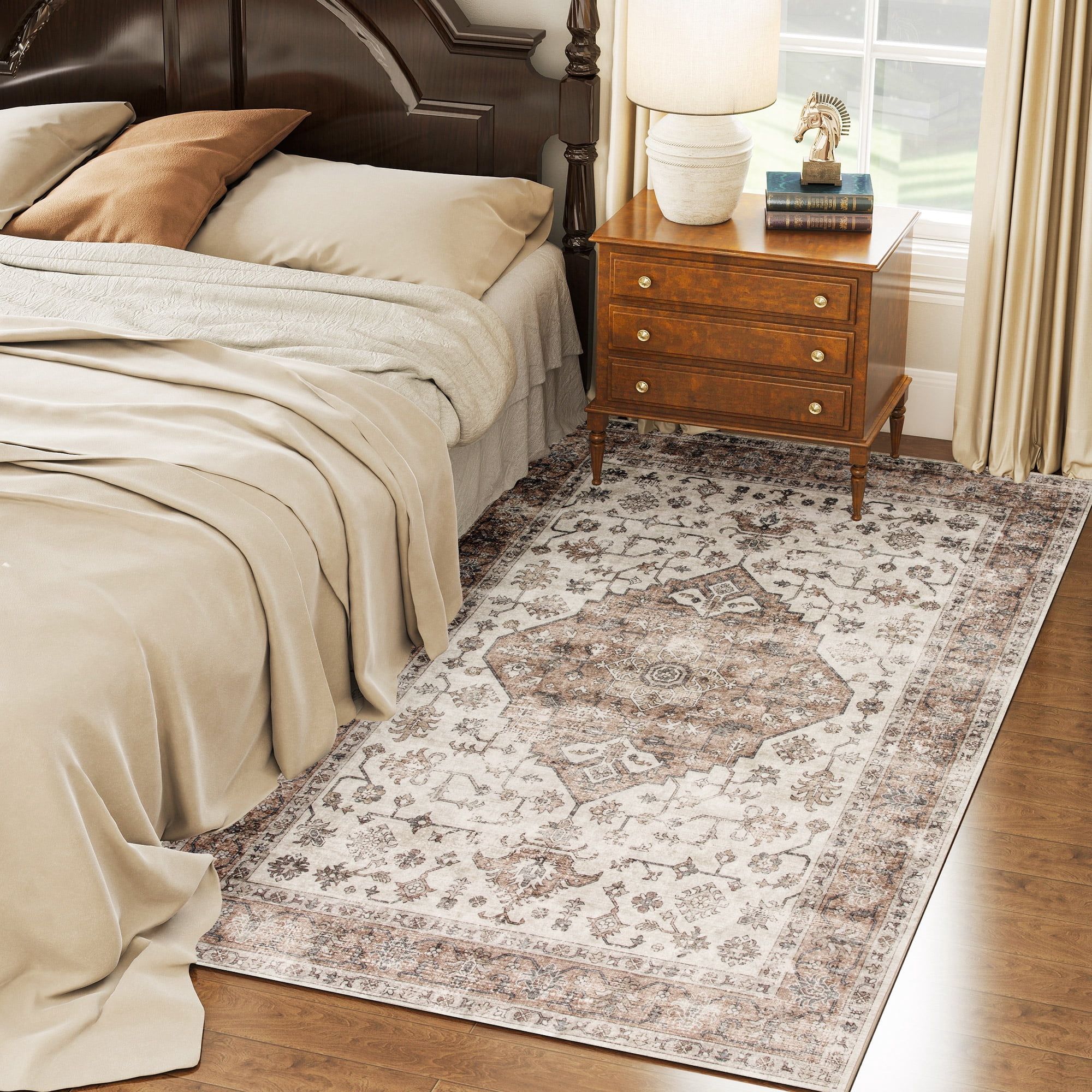 HOMCOM 4x6 Area Rug, Vintage Machine Washable Rug, Non-Slip Distressed Floor Carpet for Living Room, Bedroom, Dining Room, Home Office, Tan
