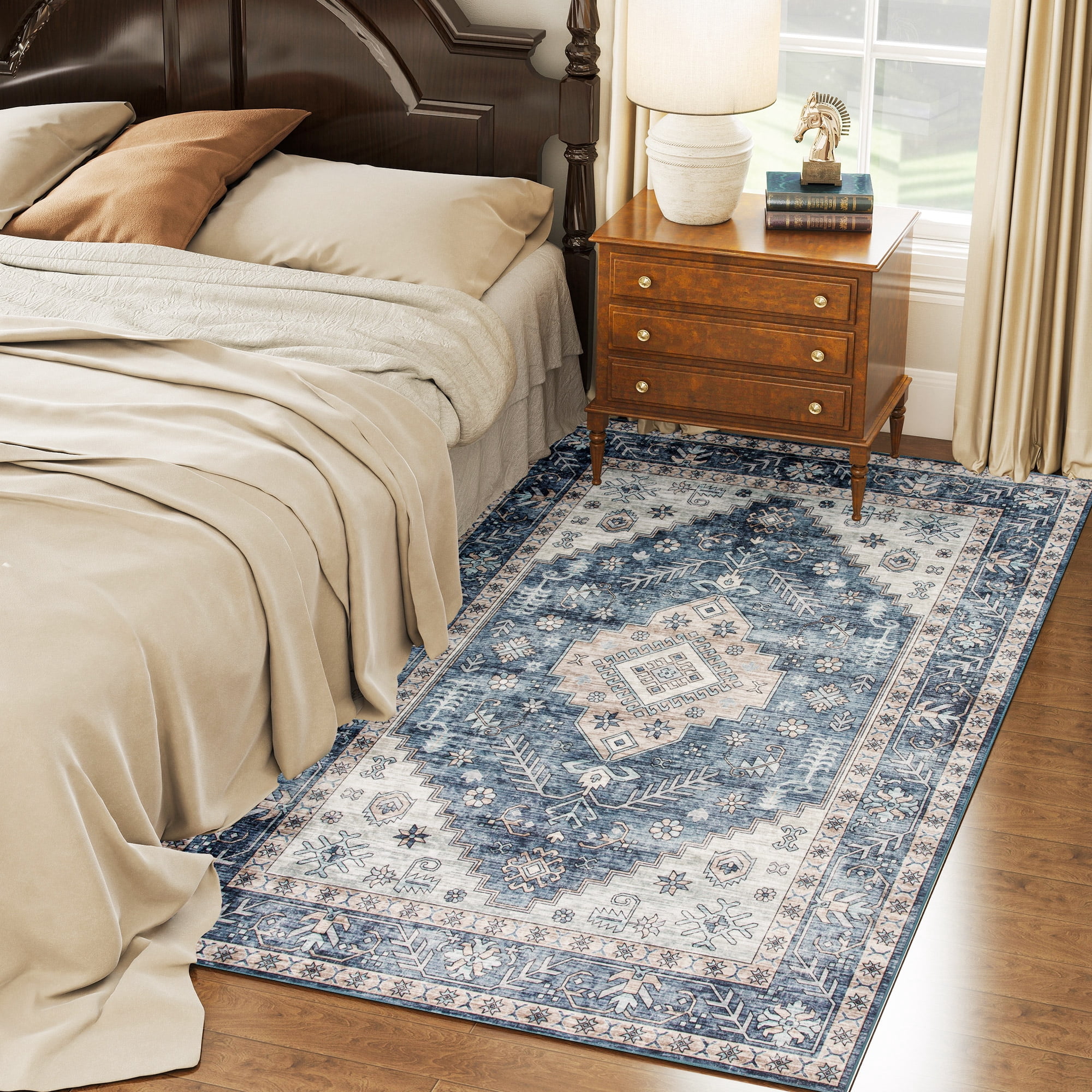 HOMCOM 4x6 Area Rug, Vintage Machine Washable Rug, Non-Slip Floor Carpet for Living Room, Bedroom, Dining Room, Home Office, Blue