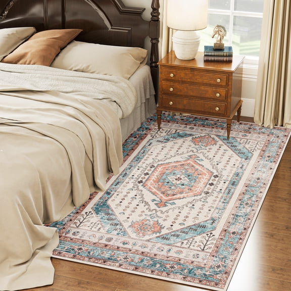 HOMCOM 4x6 Area Rug, Vintage Machine Washable Rug, Non-Slip Floor Carpet for Living Room, Bedroom, Dining Room, Home Office, Brown and Blue