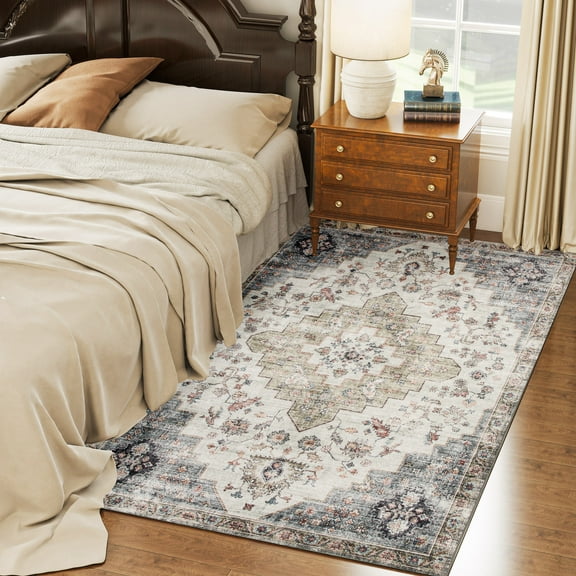 HOMCOM 4x6 Area Rug, Vintage Machine Washable Rug, Non-Slip Floor Carpet for Living Room, Bedroom, Dining Room, Home Office, Brown and Green