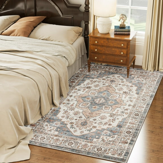 HOMCOM 4x6 Area Rug, Vintage Machine Washable Rug, Non-Slip Low Pile Carpet for Living Room, Bedroom, Dining Room, Home Office, Brown and Light Blue