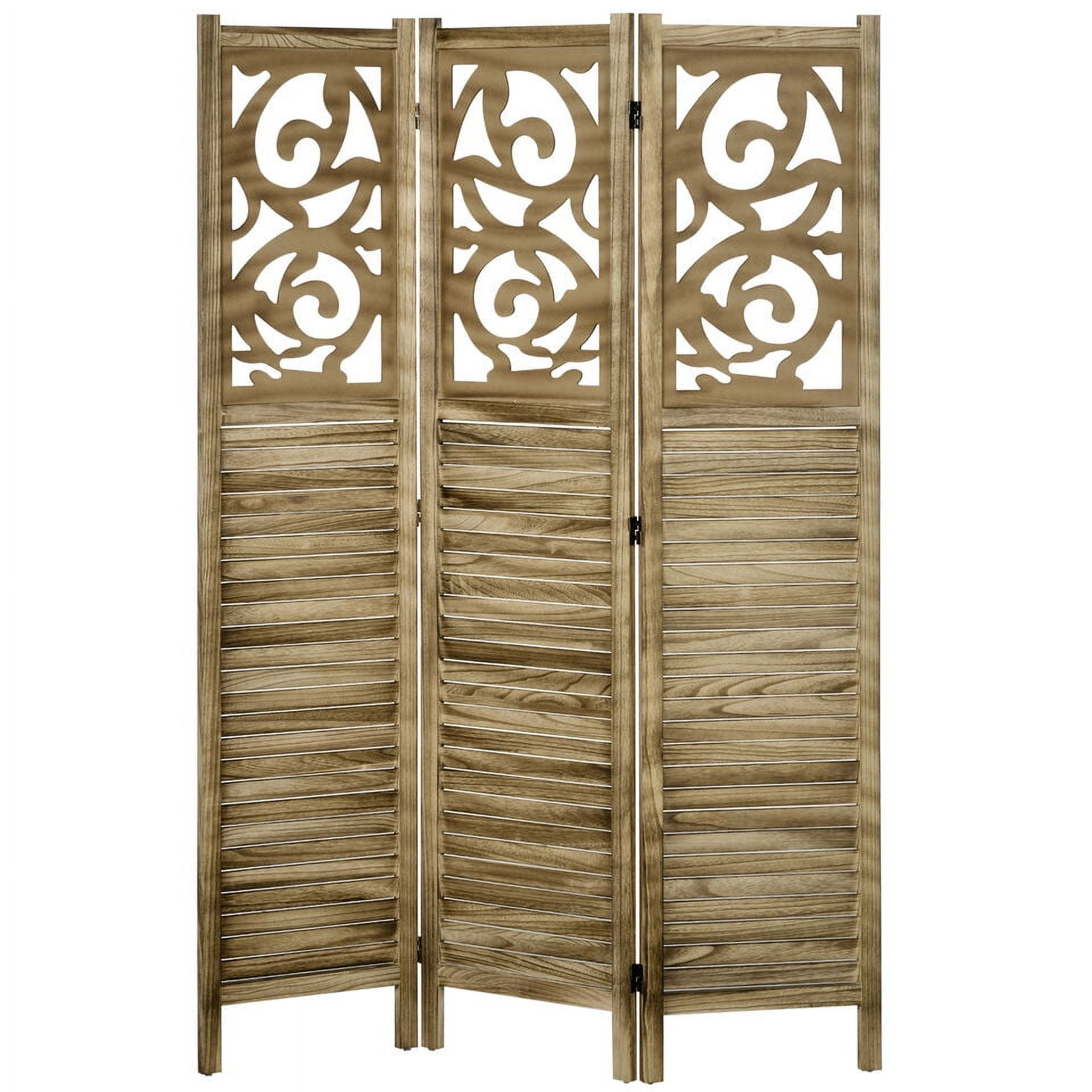 Brown Wood 3-Panel Folding Room Divider with Floral Design