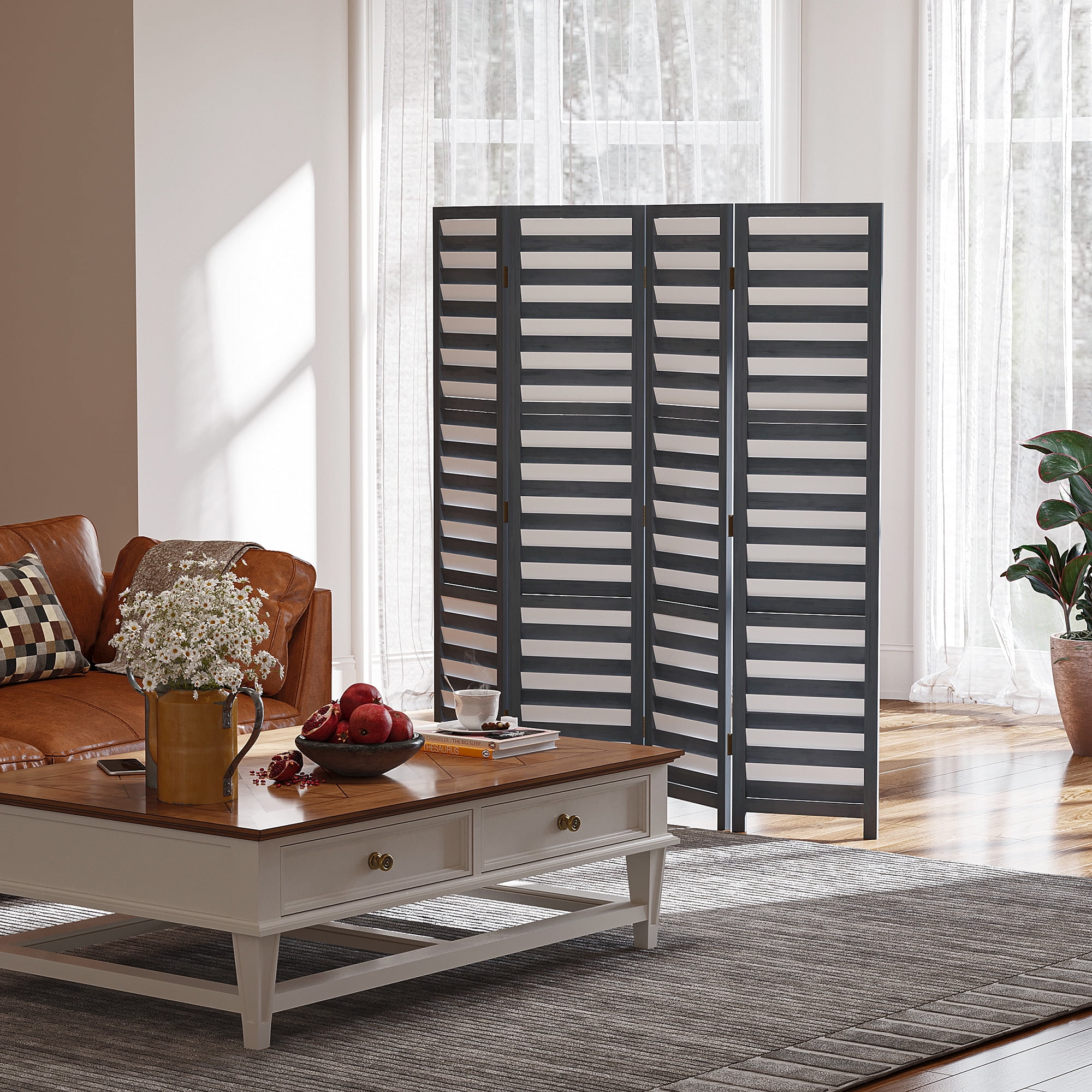 Gray Solid Wood 4-Panel Folding Room Divider