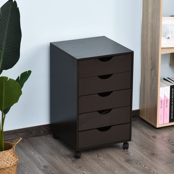 HOMCOM 5 Drawer Home Office Storage Cabinet, Mobile Printer Stand with Nordic Minimalist Modern Style & Wheels, Brown