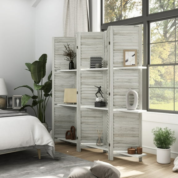 HOMCOM 5 Panel 67" Tall Wood Privacy Screen Room Divider with 3 Display Shelves, and Folding Storage for Bedroom or Home Office, Distressed White