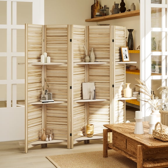 HOMCOM 5 Panel 67" Tall Wood Privacy Screen Room Divider with 3 Display Shelves, and Folding Storage for Bedroom or Home Office, Natural Wood